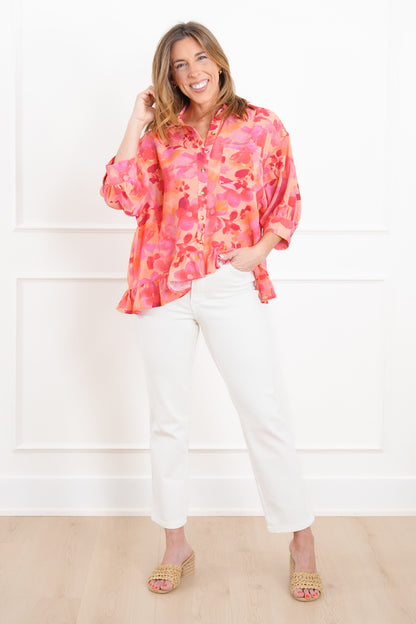 Plus/Reg Floral Print Button Down Ruffle Hem Top