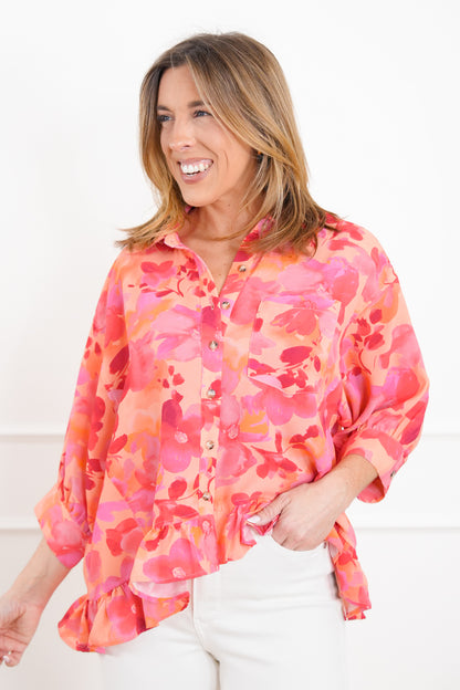 Plus/Reg Floral Print Button Down Ruffle Hem Top