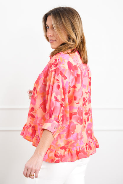 Plus/Reg Floral Print Button Down Ruffle Hem Top