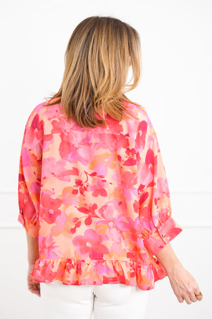Plus/Reg Floral Print Button Down Ruffle Hem Top