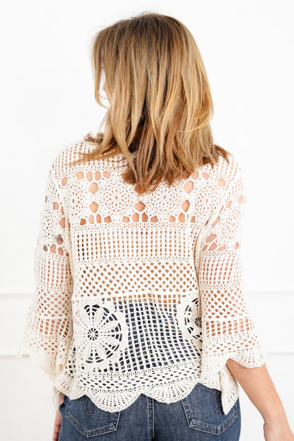 POL Crochet 3/4 Sleeve Round Neck Top