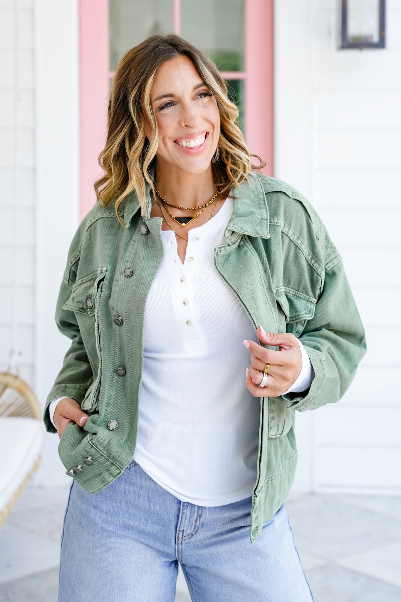 Ribbed Long Sleeve Henley Top with Button Detail