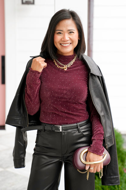 Rhinestone Long Sleeve Top with Mock Neck