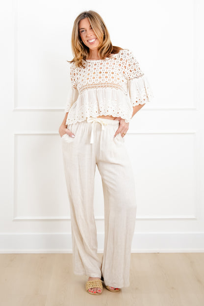 POL Eyelet Embroidered Short Sleeve Round Neck Top