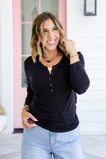 Ribbed Long Sleeve Henley Top with Button Detail