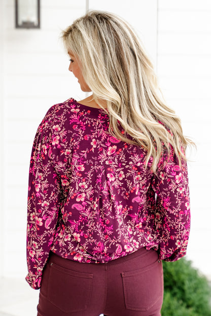 Wine Floral Long Sleeve Split Neck Tunic Top