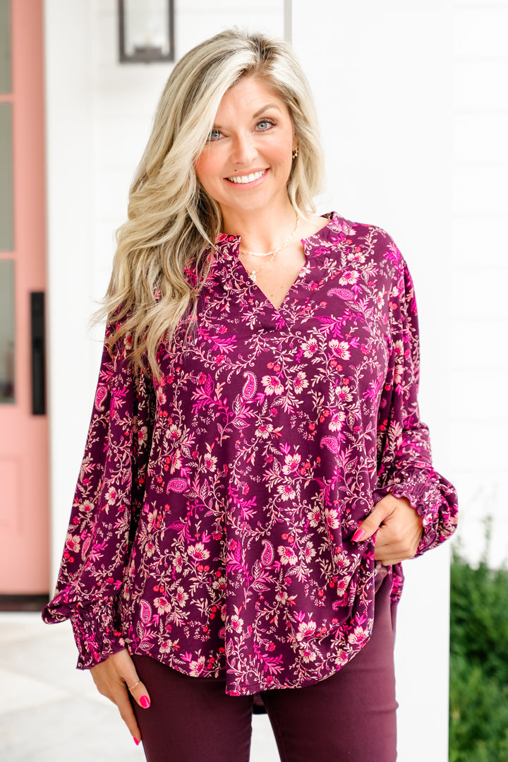 Wine Floral Long Sleeve Split Neck Tunic Top