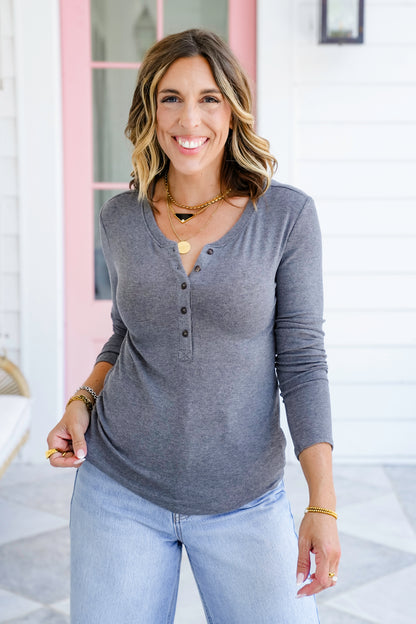 Ribbed Long Sleeve Henley Top with Button Detail
