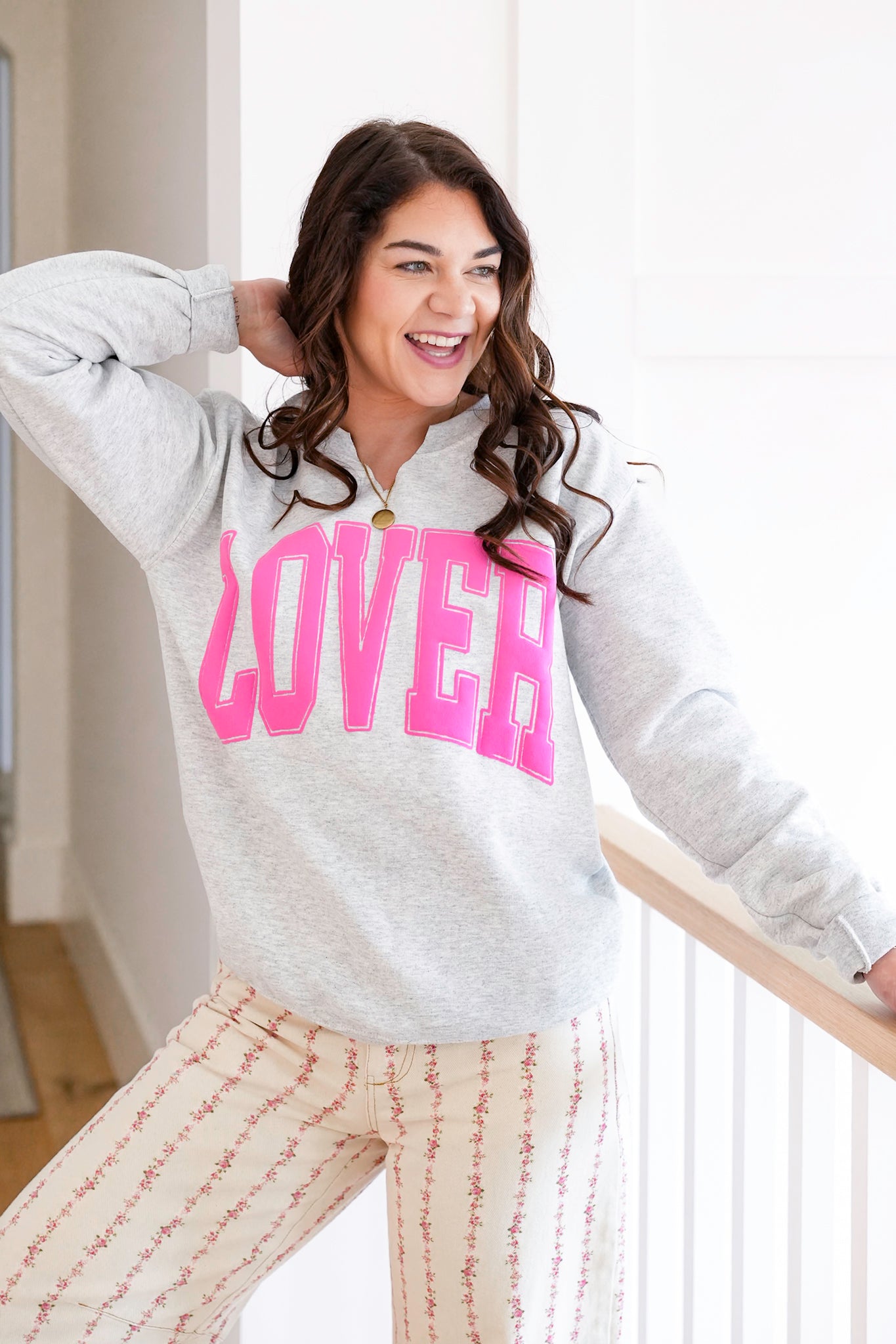 Plus/Reg Long Sleeve V Neck "Lover" Graphic Sweatshirt