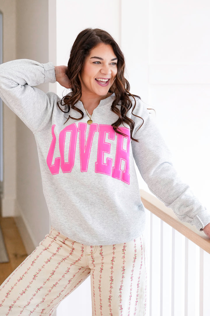 Plus/Reg Long Sleeve V Neck "Lover" Graphic Sweatshirt