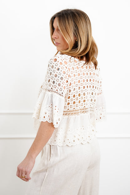 POL Eyelet Embroidered Short Sleeve Round Neck Top