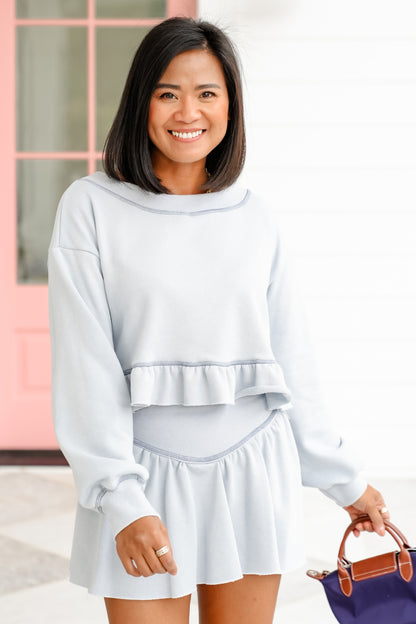 Long Sleeve Ruffled Hem Crop Top And Mini Skirt