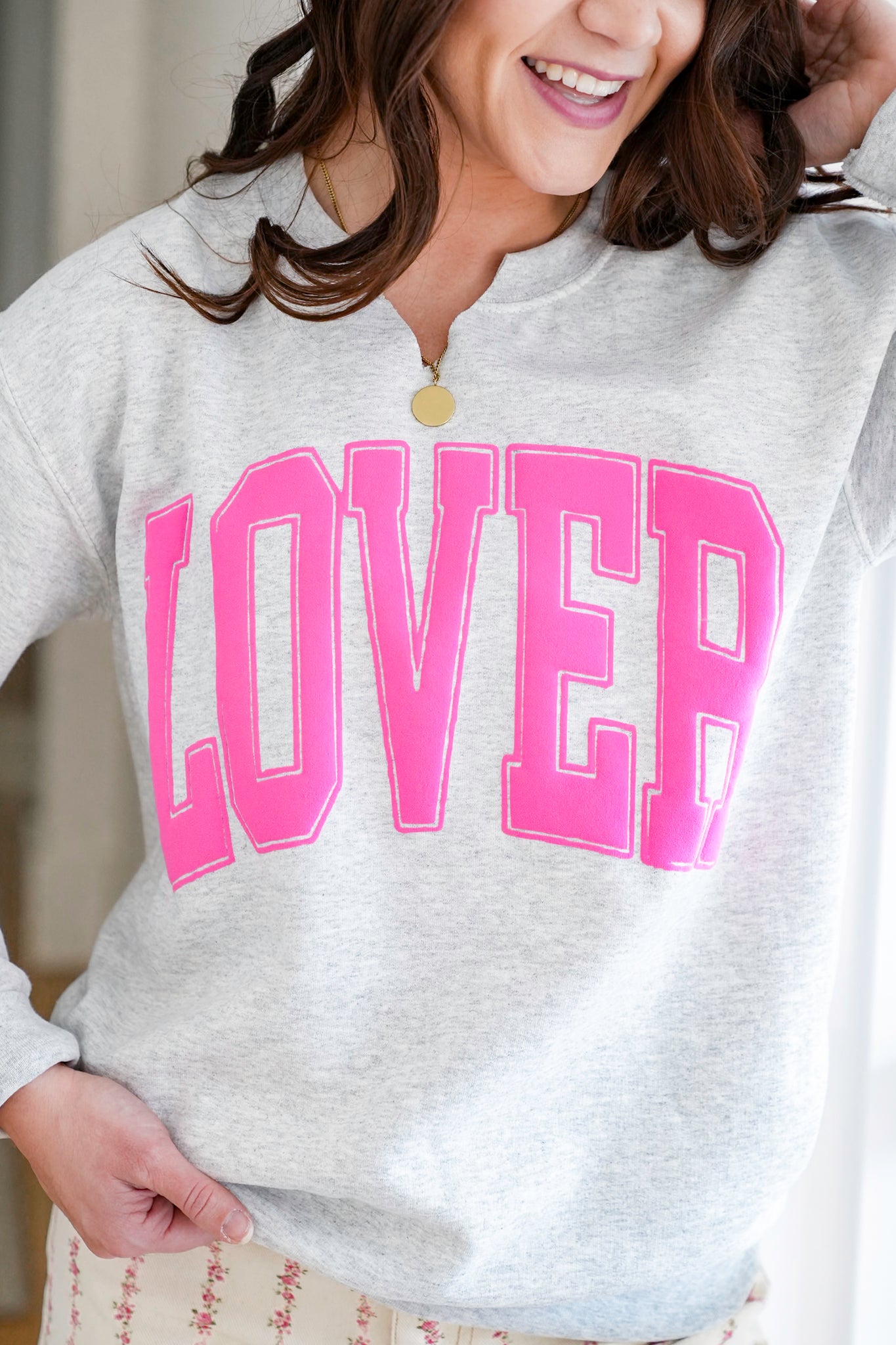 Plus/Reg Long Sleeve V Neck "Lover" Graphic Sweatshirt