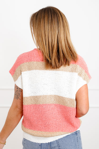 Plus/Reg Knit Stripe Short Sleeve Top with V Neck