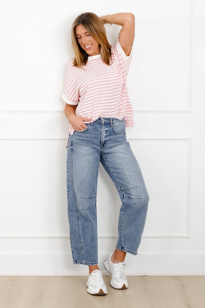 Plus/Reg Stripe Knit Short Sleeve Top with Contrast Trim