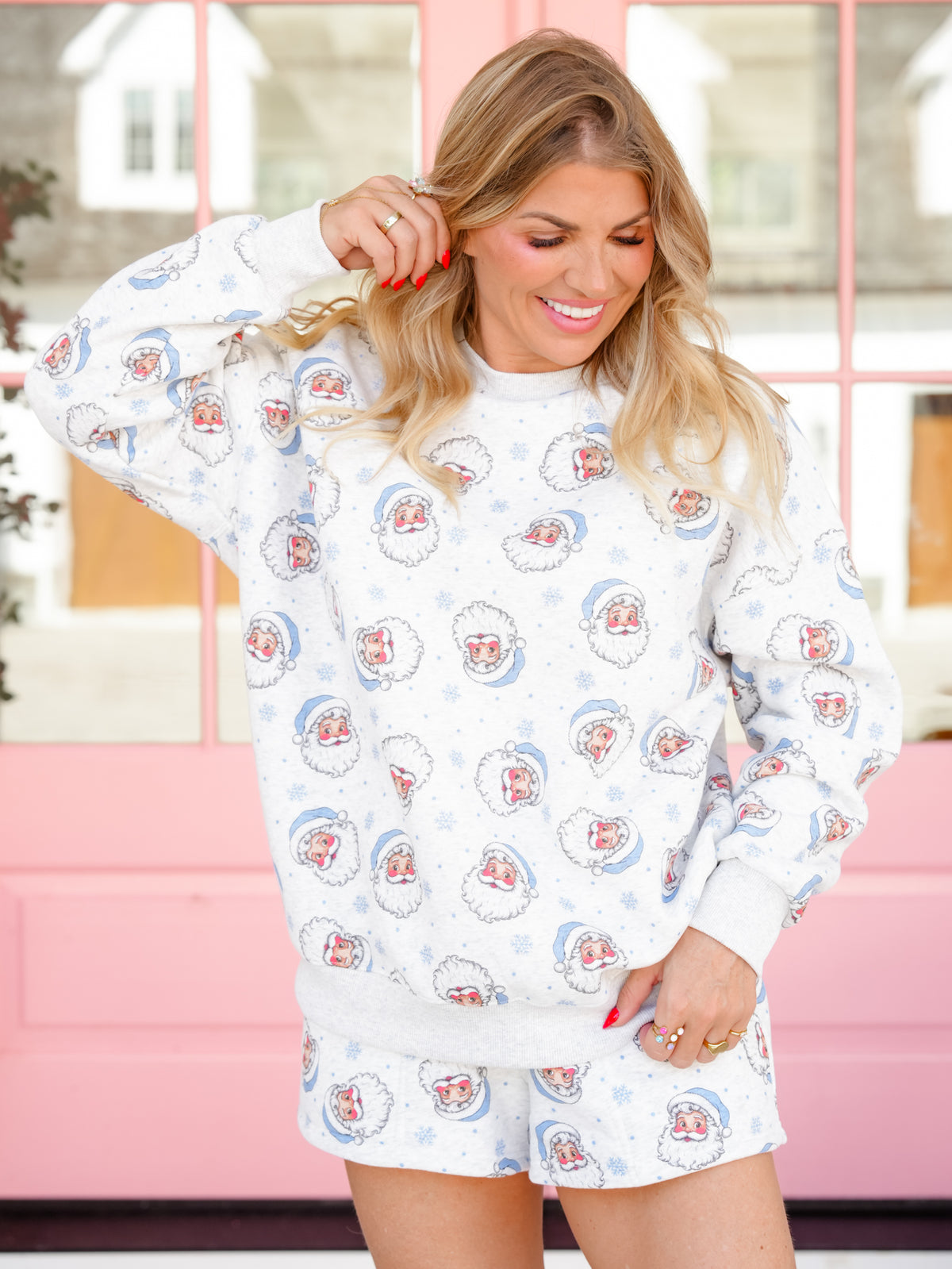 Santa and Snow Print Terry Knit Sweatshirt and Shorts Set