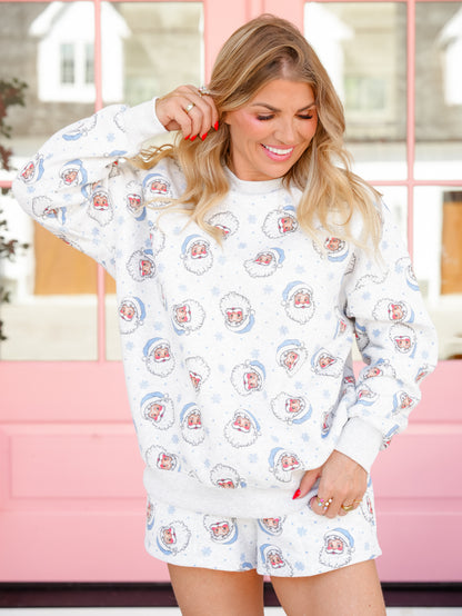 Santa and Snow Print Terry Knit Sweatshirt and Shorts Set