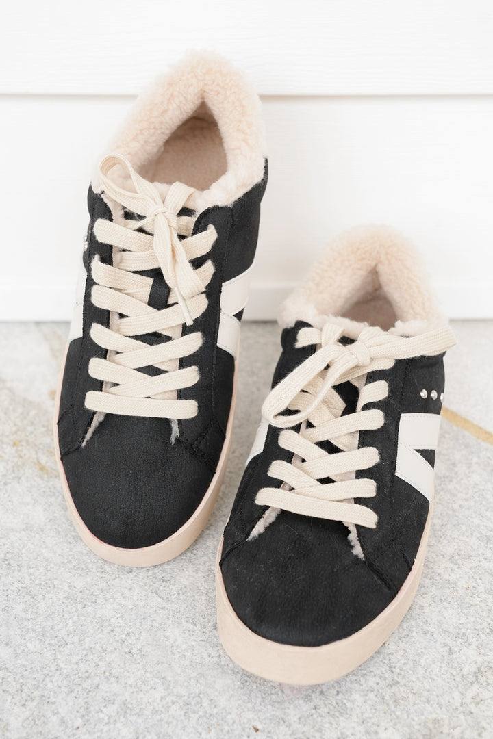 Corky's "No Chaser" Casual Black & White Lace-Up Sneakers with Vegan Fur Lining