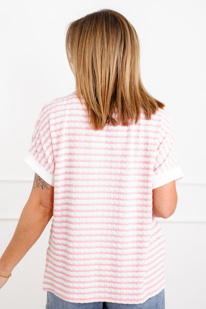 Plus/Reg Stripe Knit Short Sleeve Top with Contrast Trim