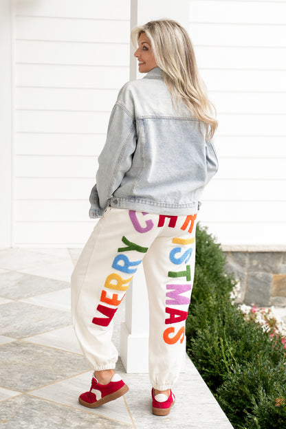 Plus/Reg Elastic Waist "Merry Christmas" Patch Jogger Pants