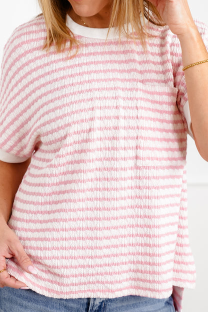 Plus/Reg Stripe Knit Short Sleeve Top with Contrast Trim