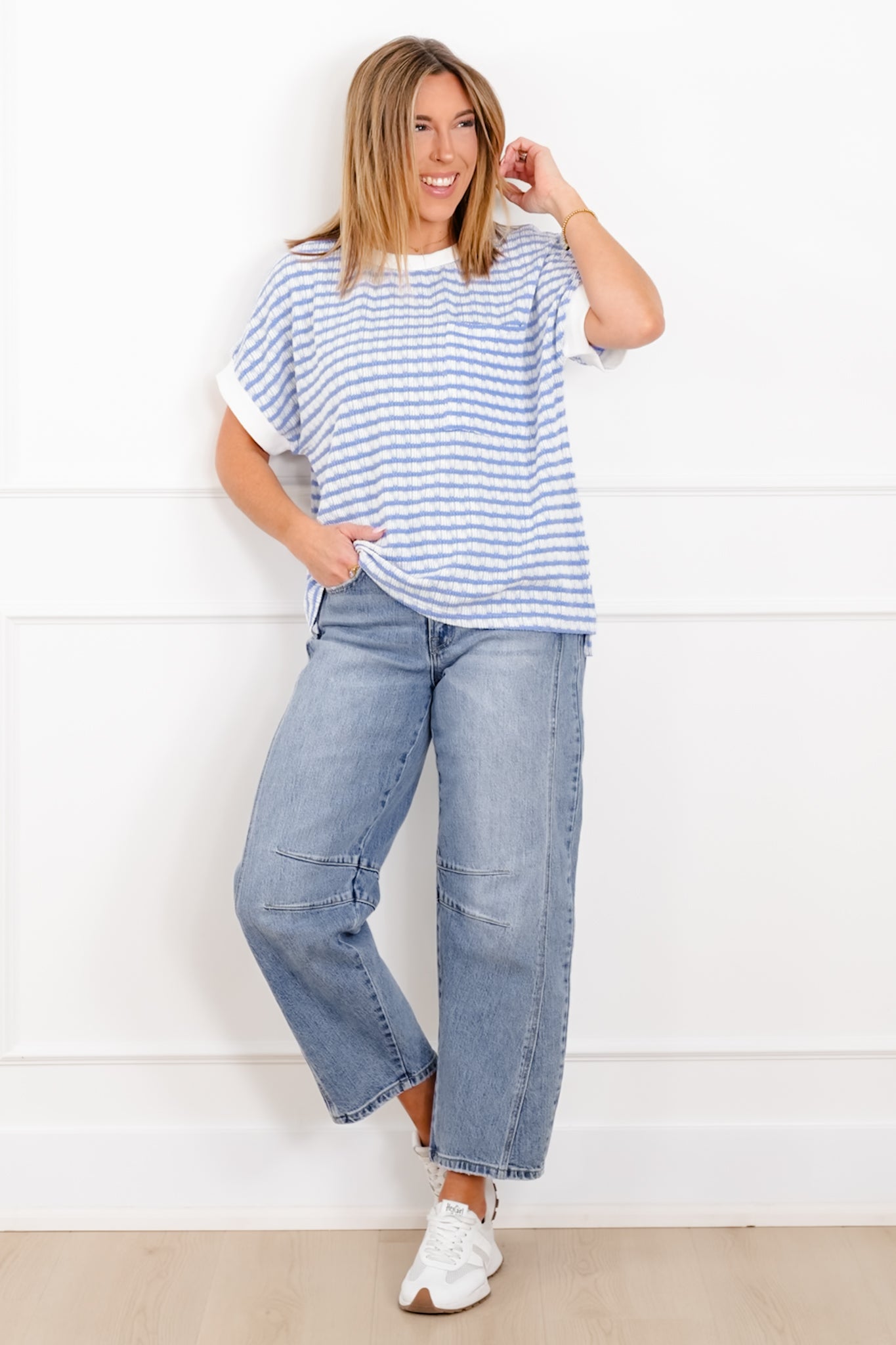 Plus/Reg Stripe Knit Short Sleeve Top with Contrast Trim