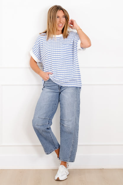 Plus/Reg Stripe Knit Short Sleeve Top with Contrast Trim