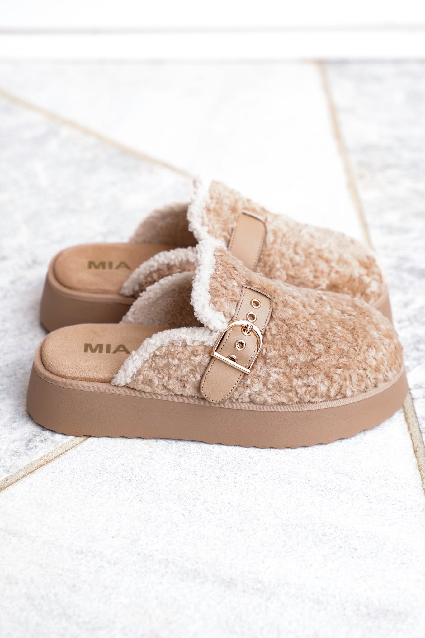 MIA Vegan Shearling Slip On Platform Mule