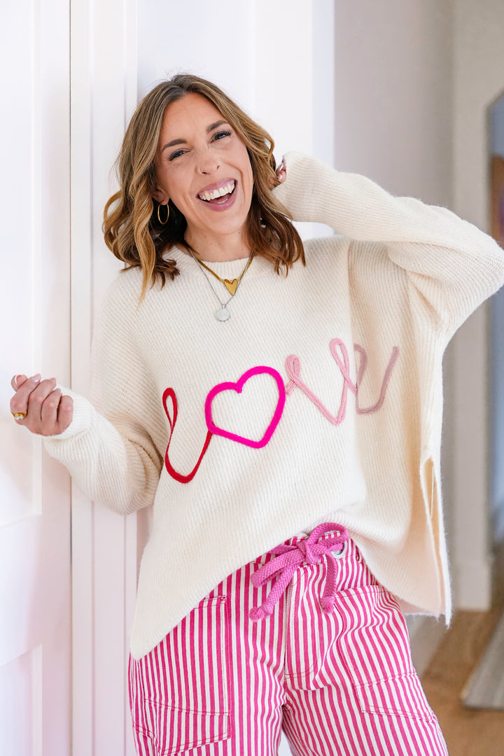 Cream Ribbed Long Sleeve "LOVE" Knit Top with Side Slit