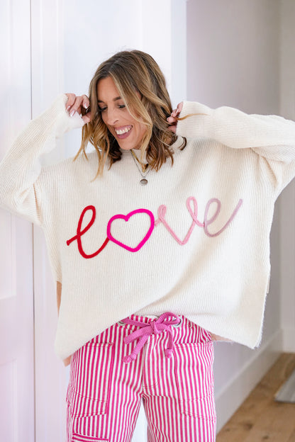 Cream Ribbed Long Sleeve "LOVE" Knit Top with Side Slit
