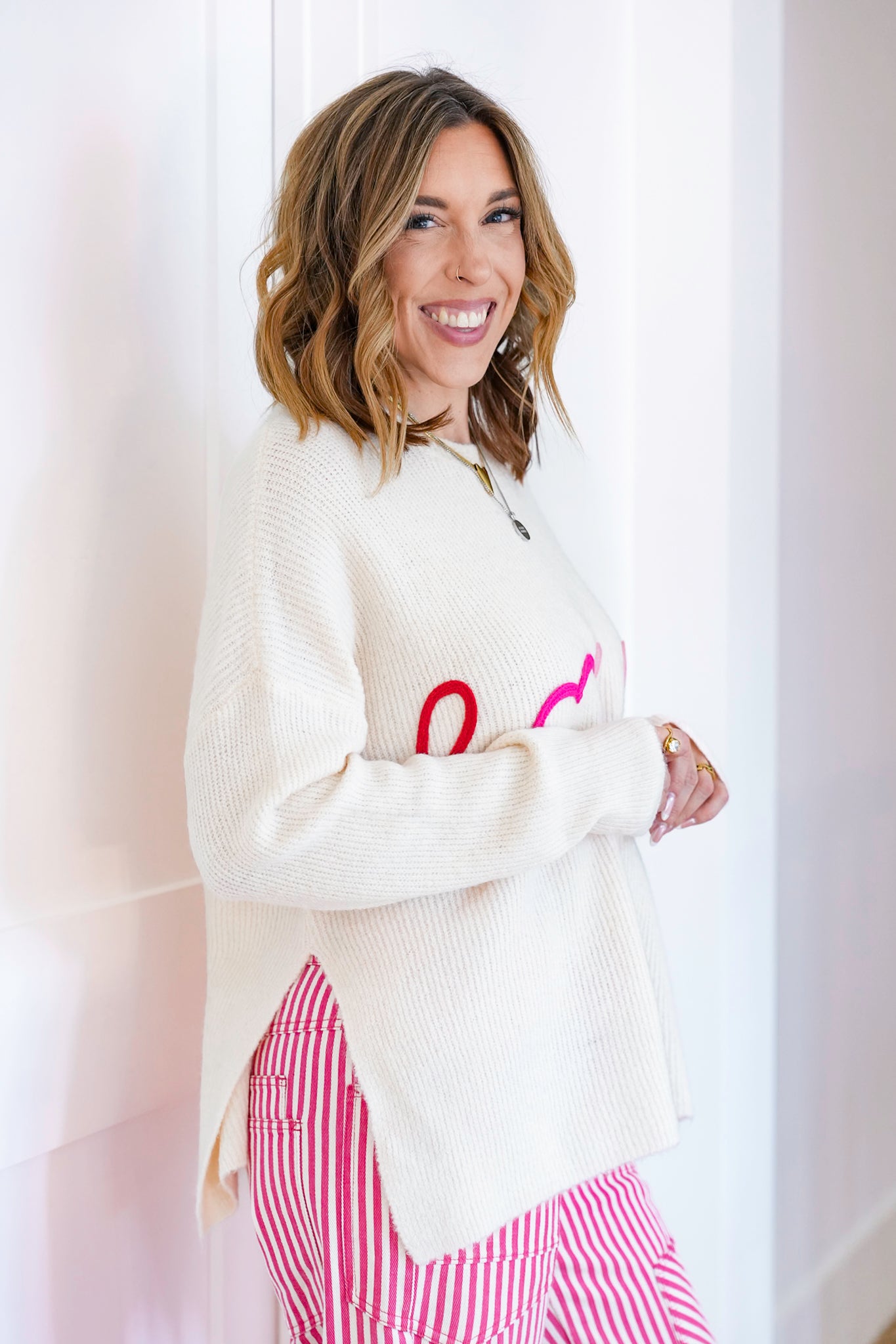 Cream Ribbed Long Sleeve "LOVE" Knit Top with Side Slit