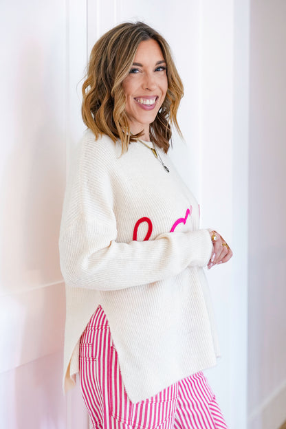 Cream Ribbed Long Sleeve "LOVE" Knit Top with Side Slit