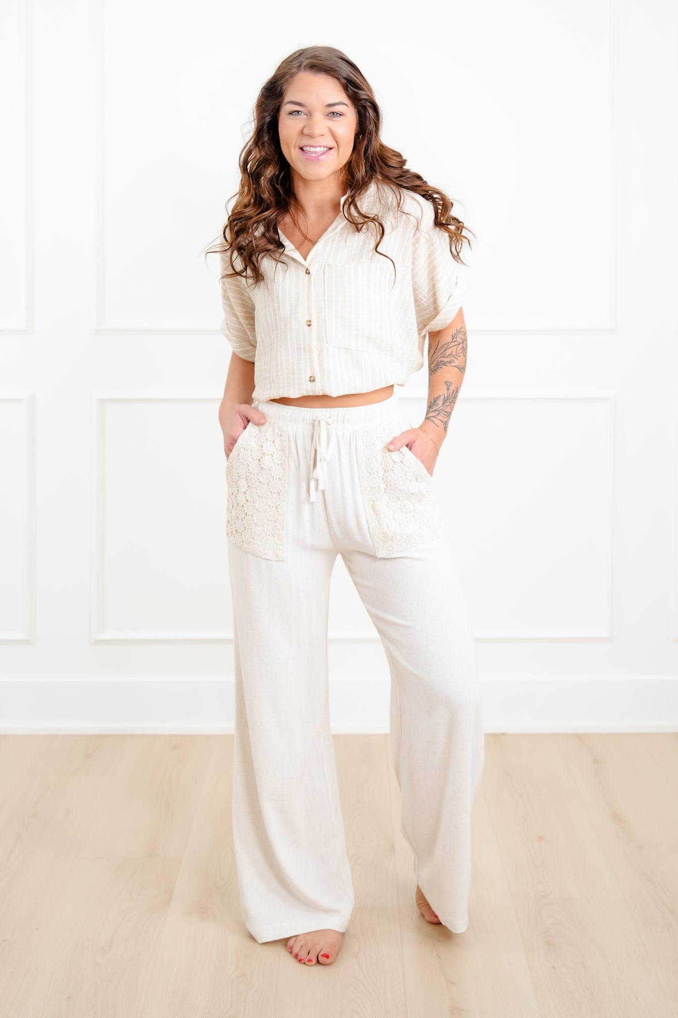 Linen Blend Elastic Waist Wide Leg Pants with Crochet Pockets