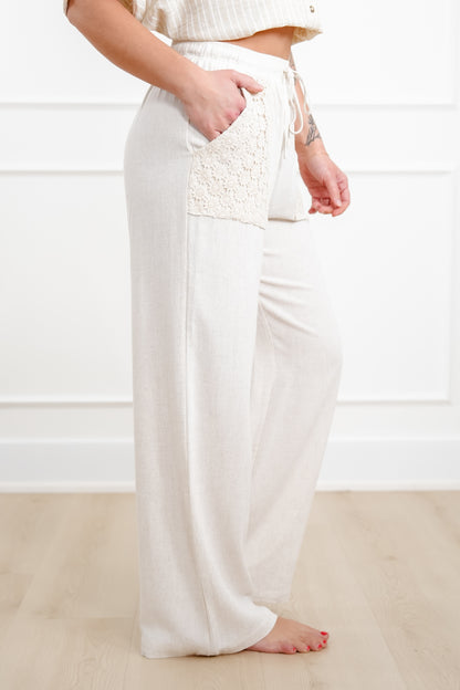 Linen Blend Elastic Waist Wide Leg Pants with Crochet Pockets