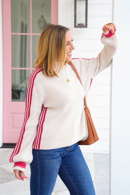 Plus/Reg Mock Neck Pullover Striped Sleeve Sweater