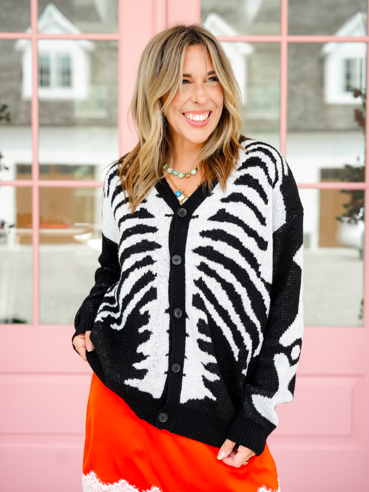Plus/Reg Skeleton Pattern Long Sleeve Button Down Cardigan