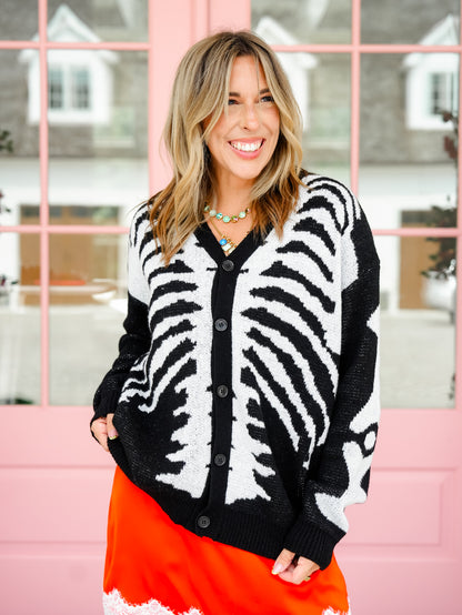 Plus/Reg Skeleton Pattern Long Sleeve Button Down Cardigan