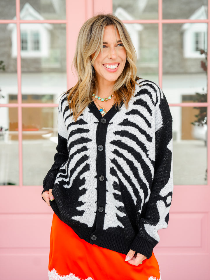 Plus/Reg Skeleton Pattern Long Sleeve Button Down Cardigan - Freckled Poppy