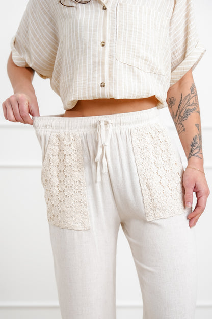 Linen Blend Elastic Waist Wide Leg Pants with Crochet Pockets