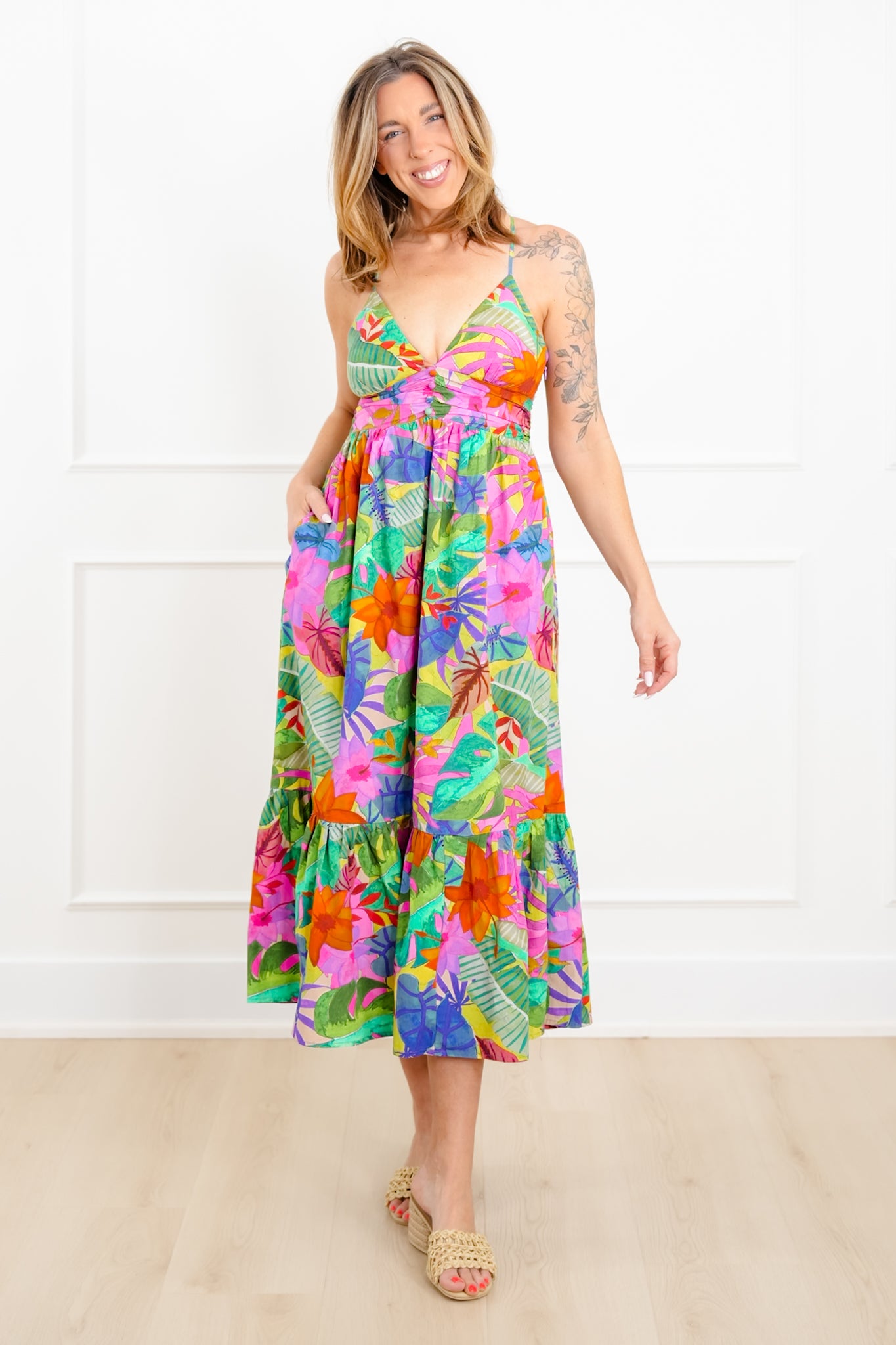 Tropical Print Sleeveless V Neck Maxi Dress