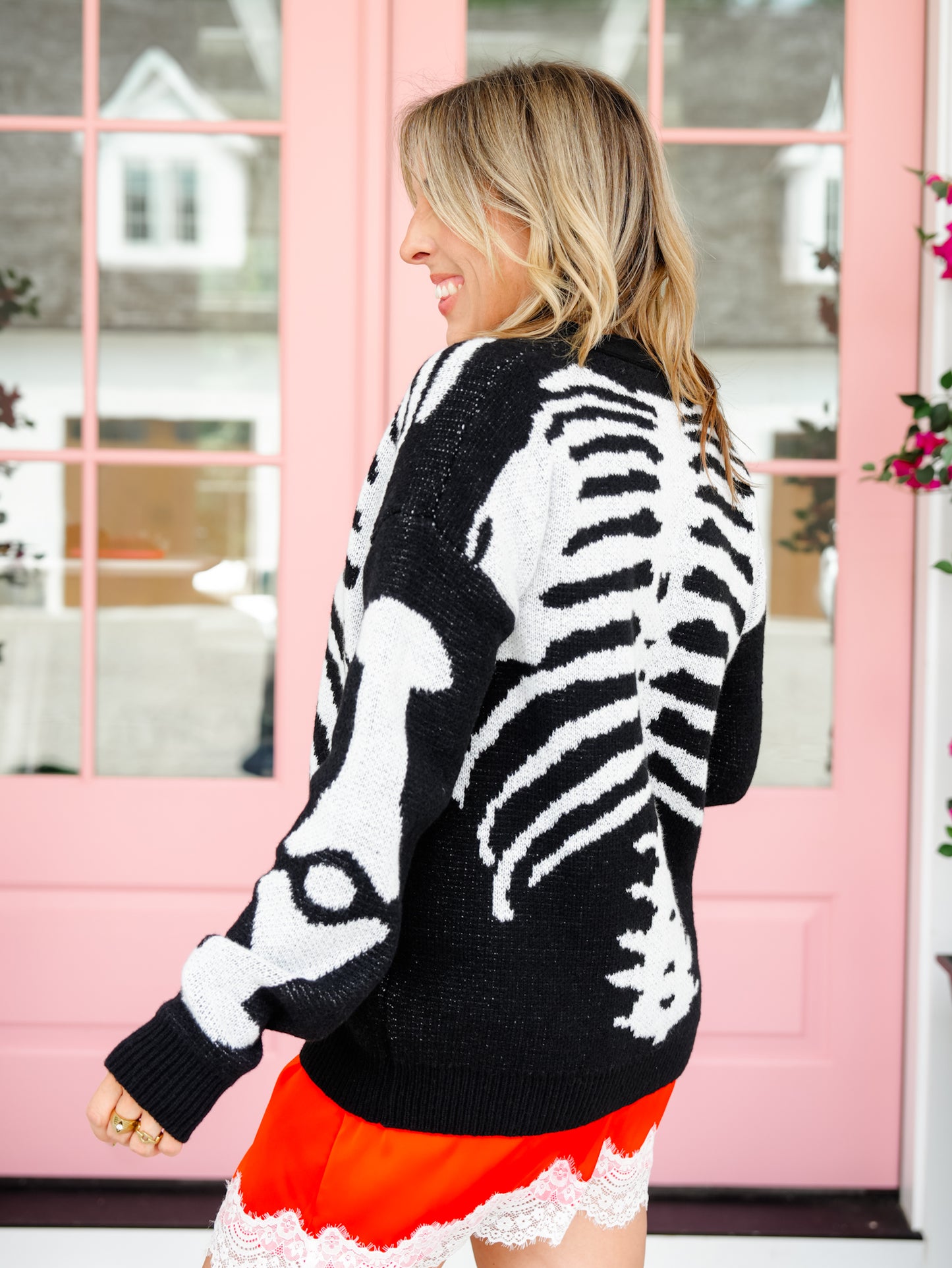 Plus/Reg Skeleton Pattern Long Sleeve Button Down Cardigan
