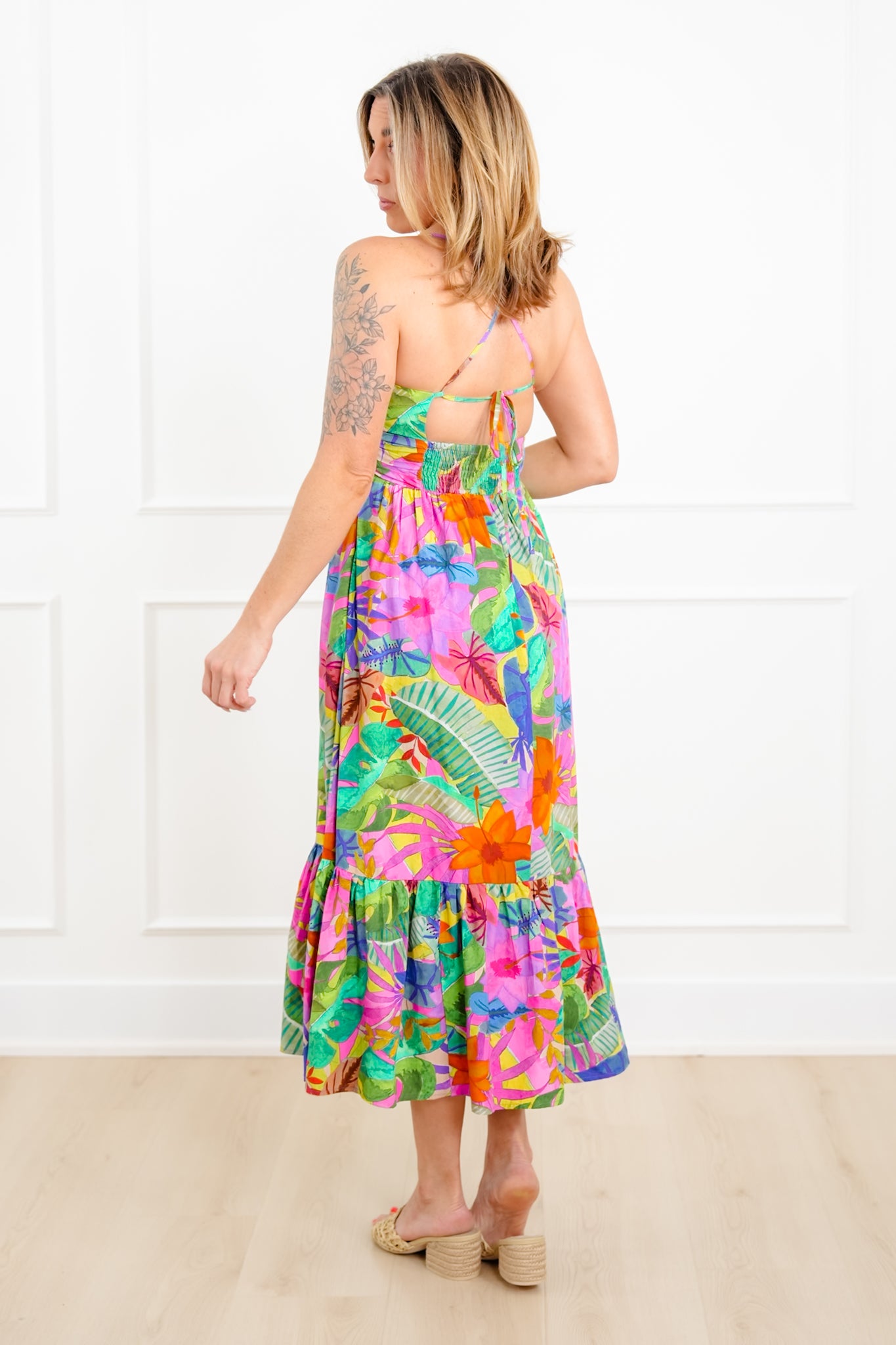 Tropical Print Sleeveless V Neck Maxi Dress