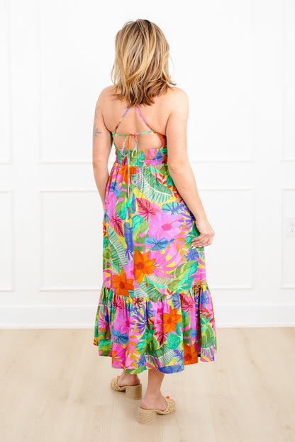 Tropical Print Sleeveless V Neck Maxi Dress