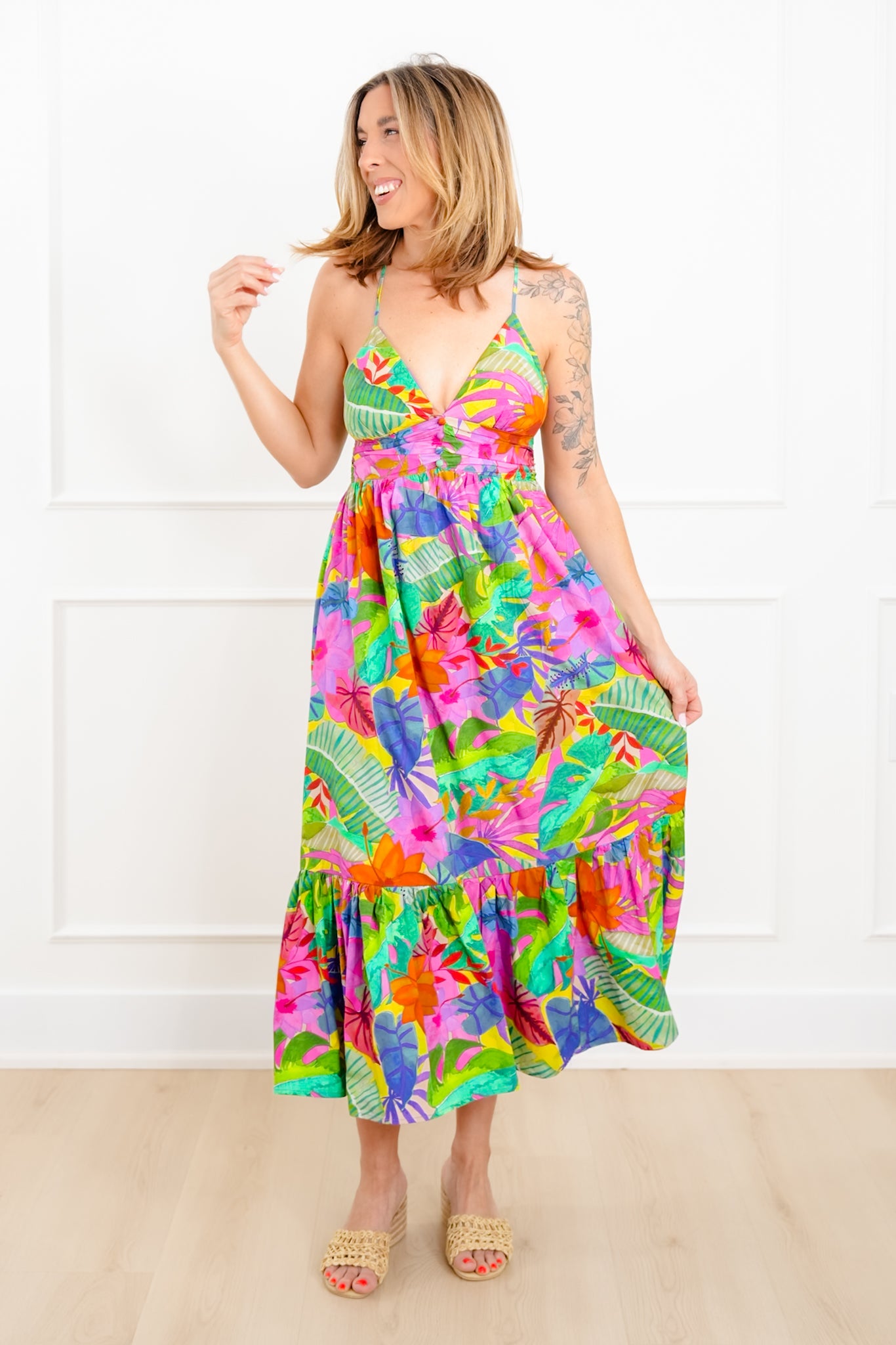 Tropical Print Sleeveless V Neck Maxi Dress