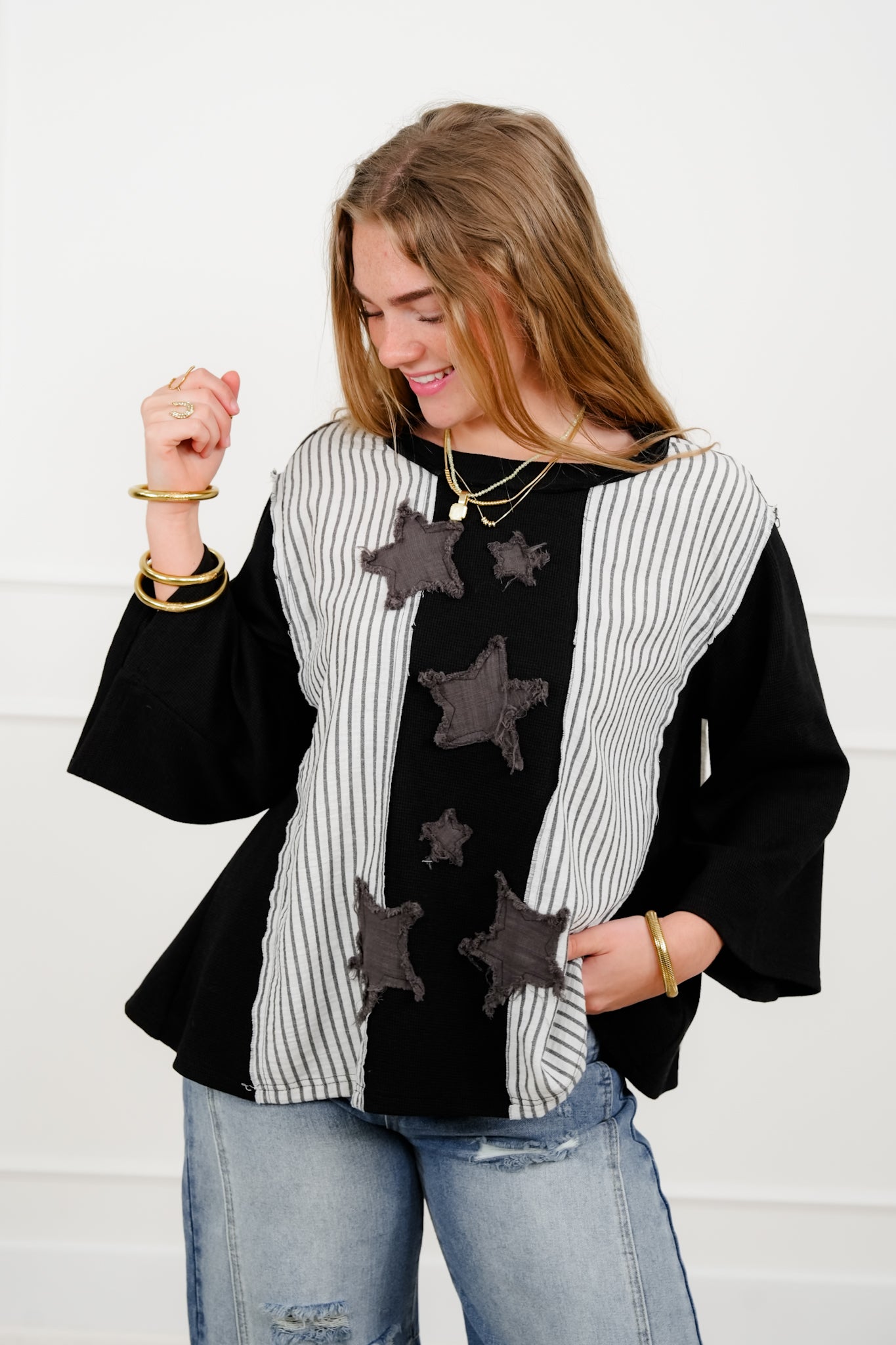 POL Color Block and Stripe Top with Star Patch Detail
