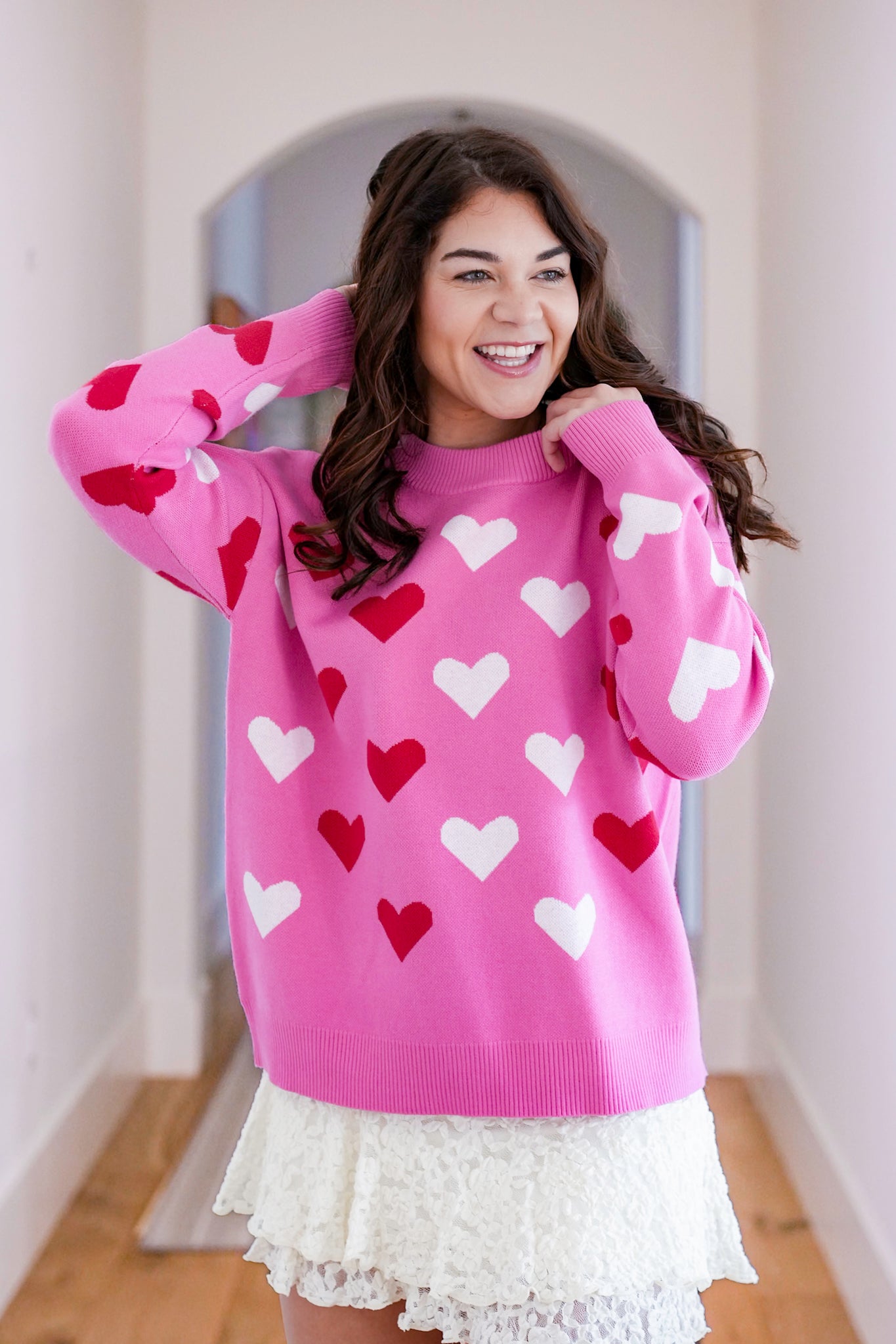 Heart Pattern Long Sleeve Crew Neck Sweater
