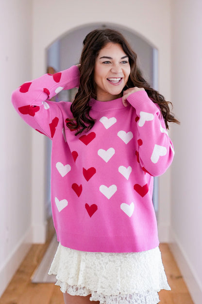 Heart Pattern Long Sleeve Crew Neck Sweater