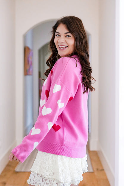 Heart Pattern Long Sleeve Crew Neck Sweater