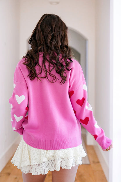 Heart Pattern Long Sleeve Crew Neck Sweater
