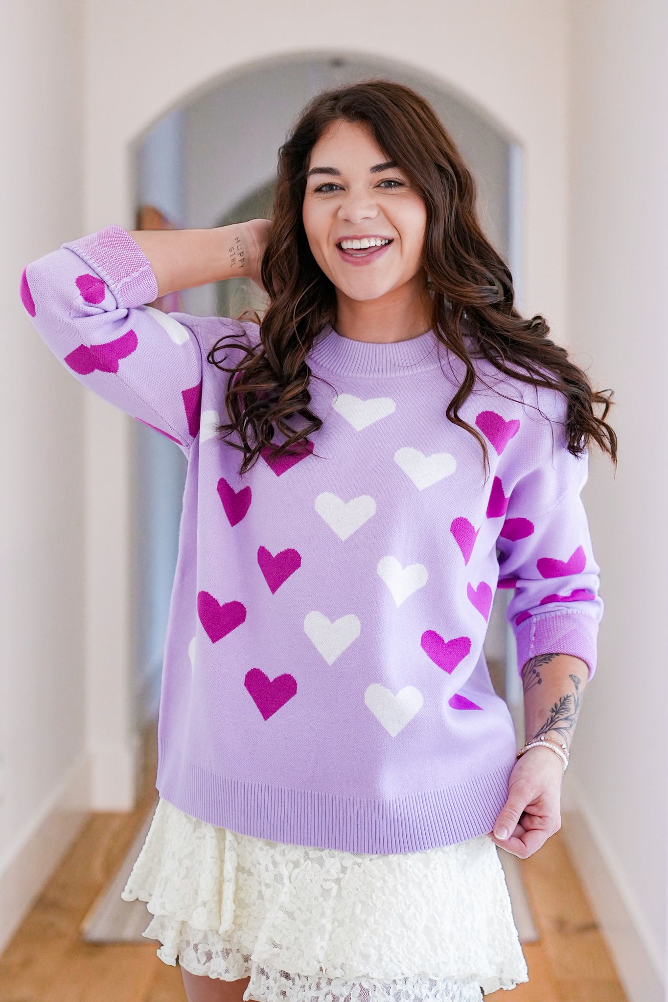 Heart Pattern Long Sleeve Crew Neck Sweater